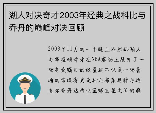 湖人对决奇才2003年经典之战科比与乔丹的巅峰对决回顾